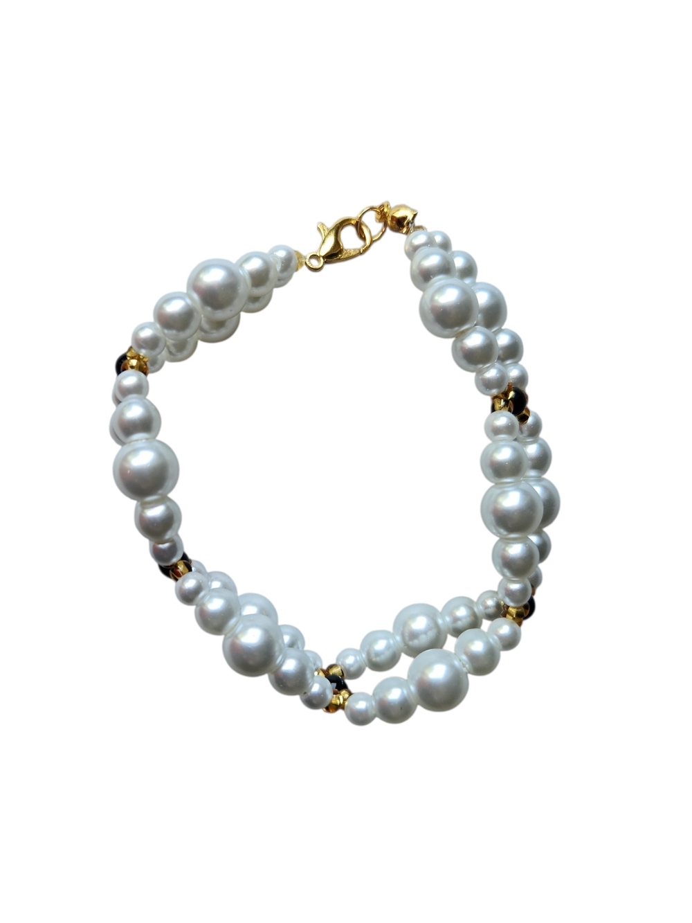 Elegant White Pearl and Gold Accent Double-Strand Bracelet With Agate Centers - Picture 2 of 3